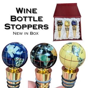 Gemstone World Globe Wine Bottle Stoppers Set 3 Heavy Gold Blue New In Box Gift